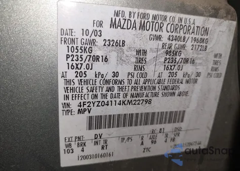 2004 Mazda Tribute Lx V6 from USA, damaged, VIN 4F2YZ04114KM22798